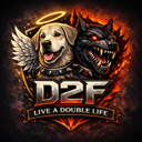 A split-faced dog with an angelic halo and wing on one side and a demonic, fiery red-eyed expression on the other.