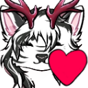 Furry character with white fur and red antlers holding a large red heart.