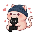 A cute pink cat wearing a blue beanie holding a small black kitten surrounded by floating hearts.