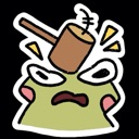 A green cartoon frog with a grumpy expression being hit on the head with a wooden hammer.