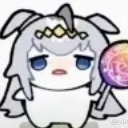 A small white chibi character with gray hair and a crown-like accessory holding a colorful lollipop with a bored, deadpan fa…