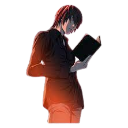 A red-haired anime character in a dark coat reading a black notebook with a serious expression.