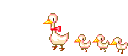 A mother duck with a red ribbon leads three small ducklings in a marching animation.