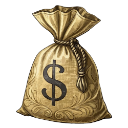A gold-colored money bag with a black dollar sign symbol tied with a rope.