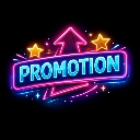 Neon sign with the word PROMOTION in blue, topped with an upward arrow and two glowing gold stars against a black background.