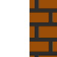 A white cat wearing a green frog hood peeking out from behind a brown brick wall.