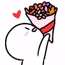 A simple white character holding a bouquet of colorful flowers to its face with a small red heart floating nearby.