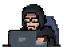 A hooded figure in pixel art style types intensely on a laptop screen.
