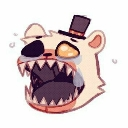 A stylized white bear head with a wide-open mouth full of sharp teeth and a panicked expression.