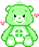Green pixel bear sitting with small pink hearts floating around it.