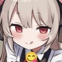 Anime girl with a smug expression and pink eyes, featuring a small yellow smiley face icon overlaid on her chest.