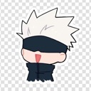 Chibi character with spiky white hair and a black blindfold smiling with an open mouth.
