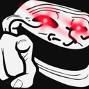 Troll face character with glowing red eyes pointing a finger directly forward.