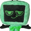 A green plush television character with a black screen and a smug, mischievous grin.