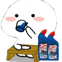A cute white cartoon character sitting at a table and drinking from a blue cleaning bottle.