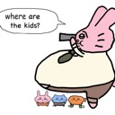 A pink cartoon rabbit holding a knife looks around with a speech bubble saying where are the kids while three small childr...
