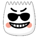 A white blob character with a mischievous grin wearing black sunglasses and having pink blush on its cheeks.