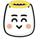 A white cat face with a golden halo and pink cheeks smiling with closed eyes.