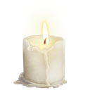 A white wax candle with a bright, glowing flame.