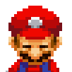 A pixelated man with a mustache and red hat shakes his head side to side.