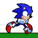 A blue hedgehog character with red shoes walks in a continuous loop on a green ground.
