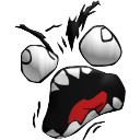 A dark, stylized creature with wide, bulging eyes and a large, open mouth showing teeth and a red tongue in a screaming ex...