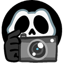 Ghostface mask holding a camera up to take a picture.