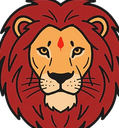 Lion face with a red mark on its forehead looking forward with a serious expression.
