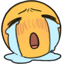 Yellow emoji face with a wide open mouth and large blue tears streaming down its cheeks.