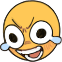 A round yellow face with wide, manic eyes, a large toothy grin, and blue tears streaming from its eyes.