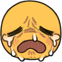 Yellow face with closed eyes and a wide open mouth, shedding large streams of tears.