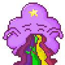 Lumpy Space Princess with a star on her forehead vomiting a stream of rainbow colors.