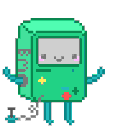 BMO from Adventure Time standing and smiling with arms raised in a pixel art style.