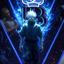 Anime character standing with a glowing blue aura and a crown icon above their head.