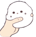 A hand squeezing a cute, soft, pinkish-white blob character that changes expressions.