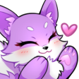 A cute purple fox with closed eyes and a happy expression holding a pink heart.