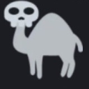 A gray silhouette of a camel with a human skull for a head against a black background.