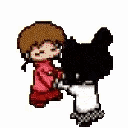 Two pixel characters holding hands and spinning in a circle against a white background.