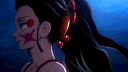 Daki from Demon Slayer looking to the side with a smug and composed expression against a dark blue background.
