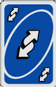 Four Uno reverse cards in blue, purple, brown, and green arranged horizontally.