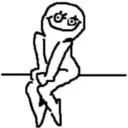 A simple black and white line-art figure sitting down with a wide, bashful smile and large eyes.