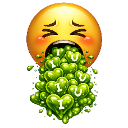 A yellow emoji face with eyes squeezed shut, vomiting a large pile of green hearts.