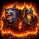 Two-headed hellhound snarling while engulfed in bright orange and red flames.