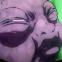 A distorted purple face with squinted eyes and a strained, grimacing expression.