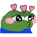 Pepe the Frog with heart-shaped eyes and pink blushing cheeks blowing a kiss.