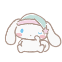 Cinnamoroll the white rabbit wearing a nightcap and looking sleepy while resting its hand on its chin.