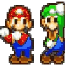 Two pixelated characters in red and green outfits performing a synchronized dance move.