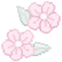 Two pink cherry blossom flowers with small green leaves rendered in a simple pixel art style.