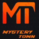 The letters MT in orange with the words Mystery Town below on a dark background.