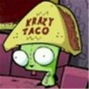 Gir with wide eyes wearing a taco shell hat labeled Krazy Taco.